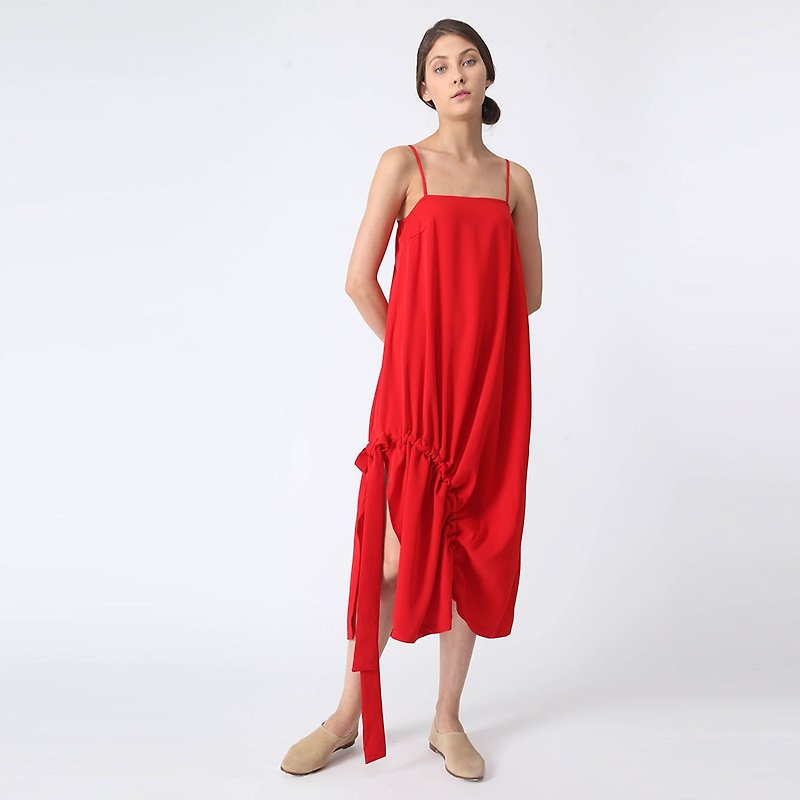 KAI MIDI DRAWSTRING DRESS - SCARLET - One Piece Dresses - Polyester Red