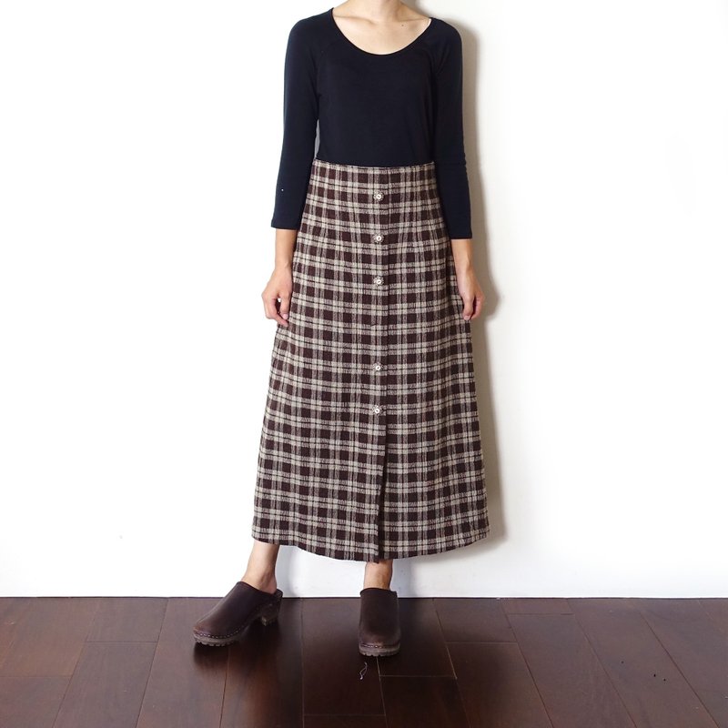 BajuTua / vintage / dark chocolate plaid wool skirt A word mix - กระโปรง - ขนแกะ สีนำ้ตาล