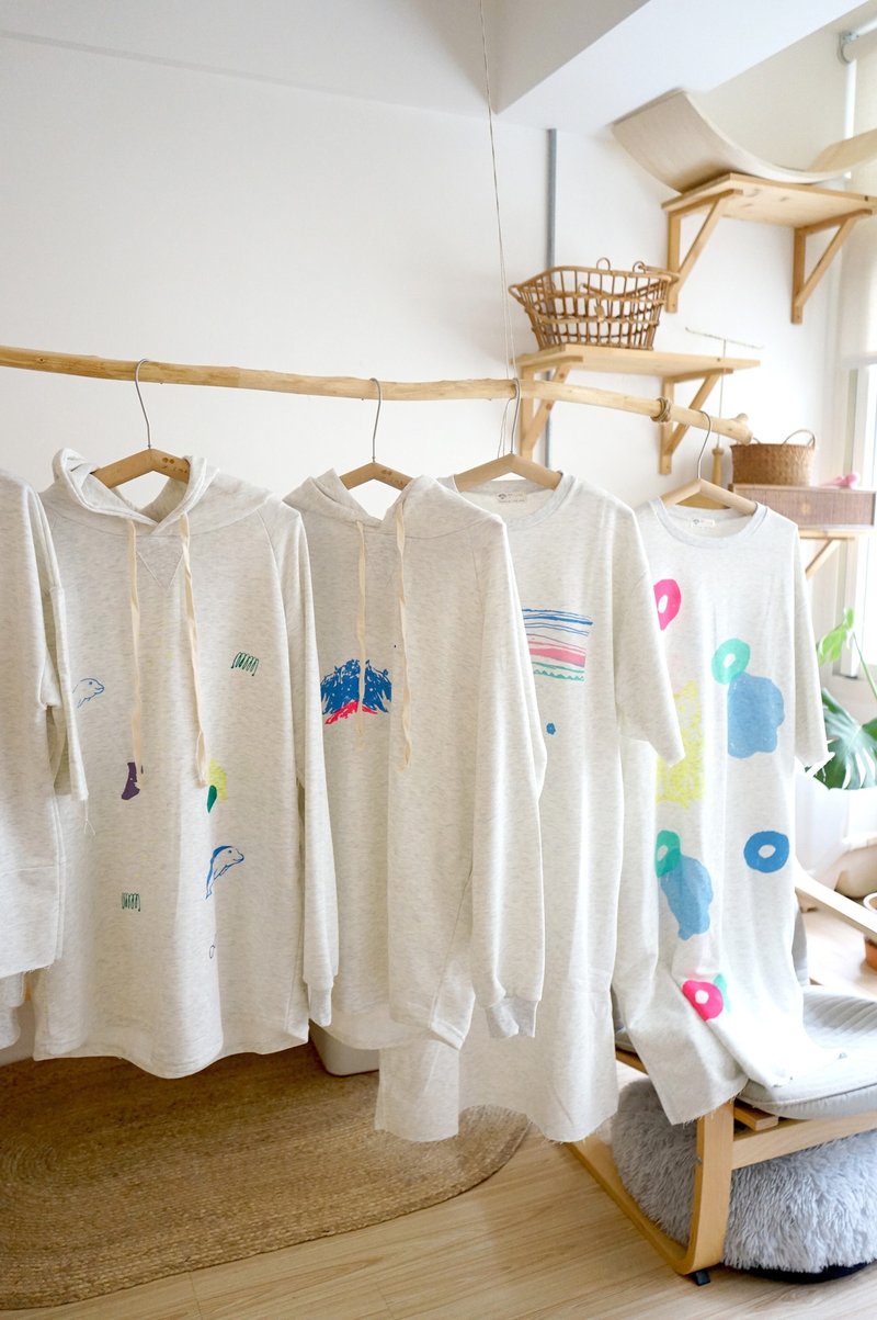 漂亮米白手工印花口袋帽t 洋裝 - 洋裝/連身裙 - 棉．麻 