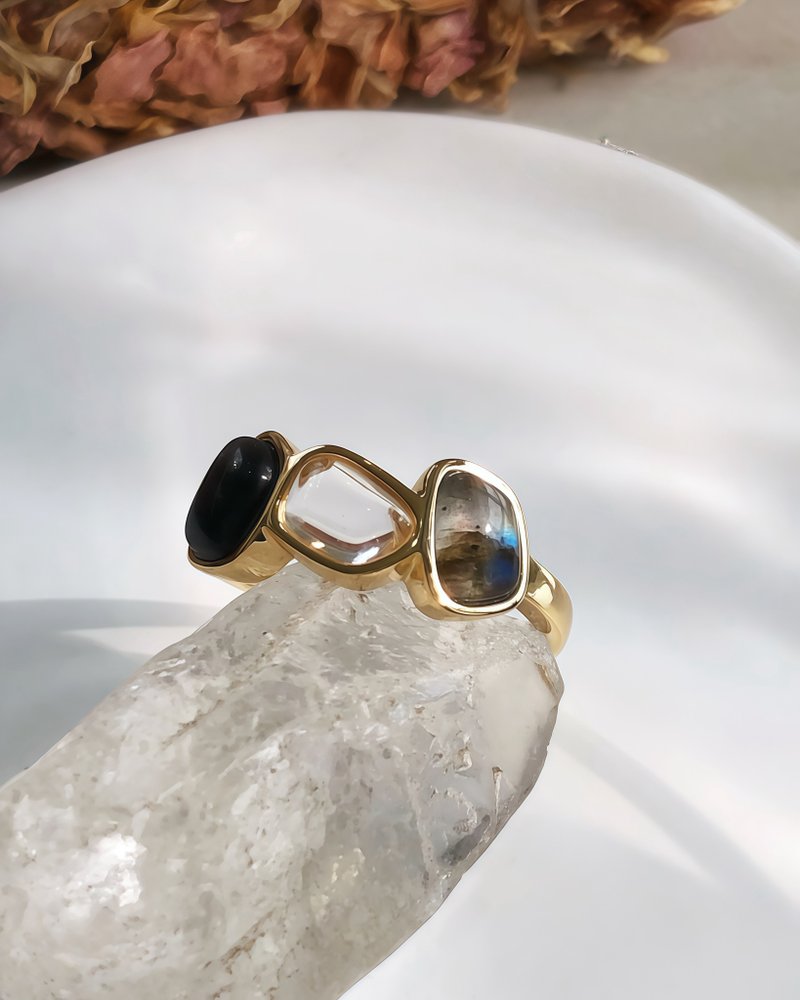 【能量守護】黑曜石 × 拉長石 × 白水晶 | 925純銀水晶戒指 - 戒指 - 純銀 白色