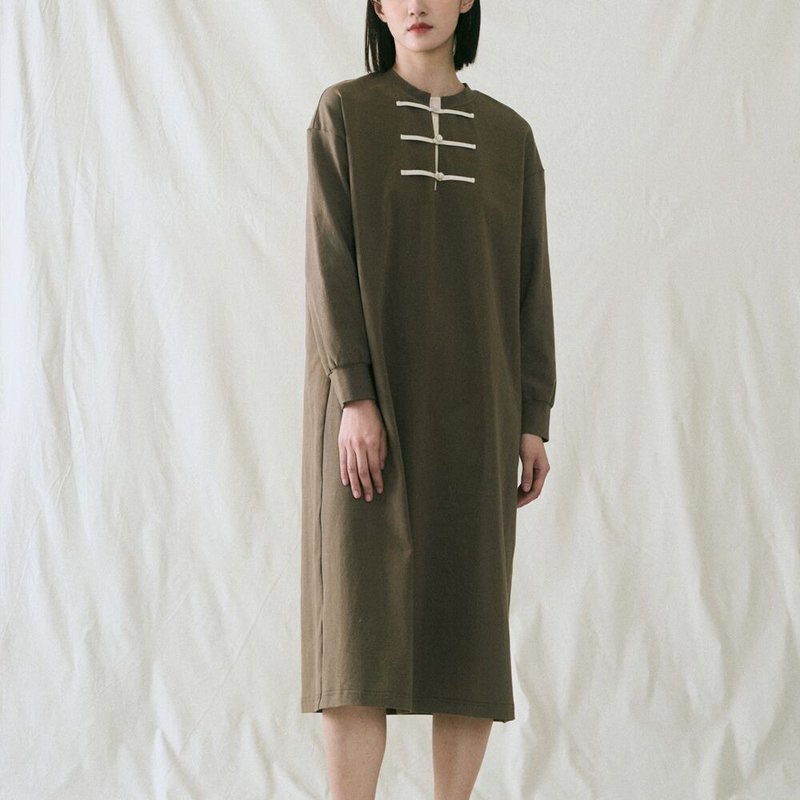 Chinese style hand-made buckle long-sleeved dress dress tea dress sweater D221224 - One Piece Dresses - Cotton & Hemp Khaki