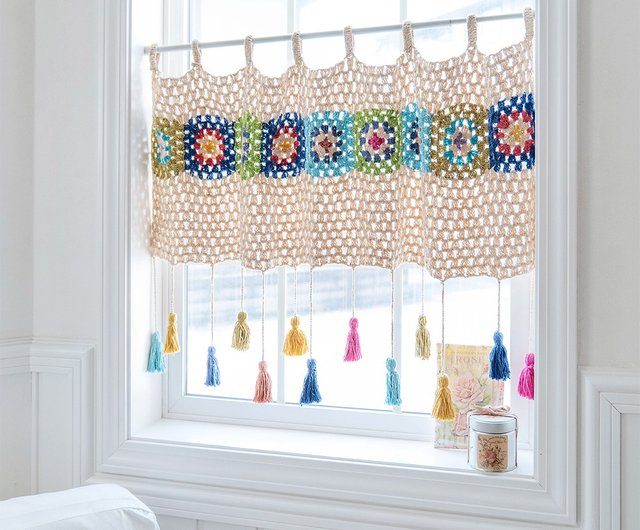 素朴な手づくりかぎ針編みドアカーテンレトロ編みボホショートカーテンバランスキッチン用小窓ロッドポケット中空透視透視半カーテン遮光ドレープドアウィン