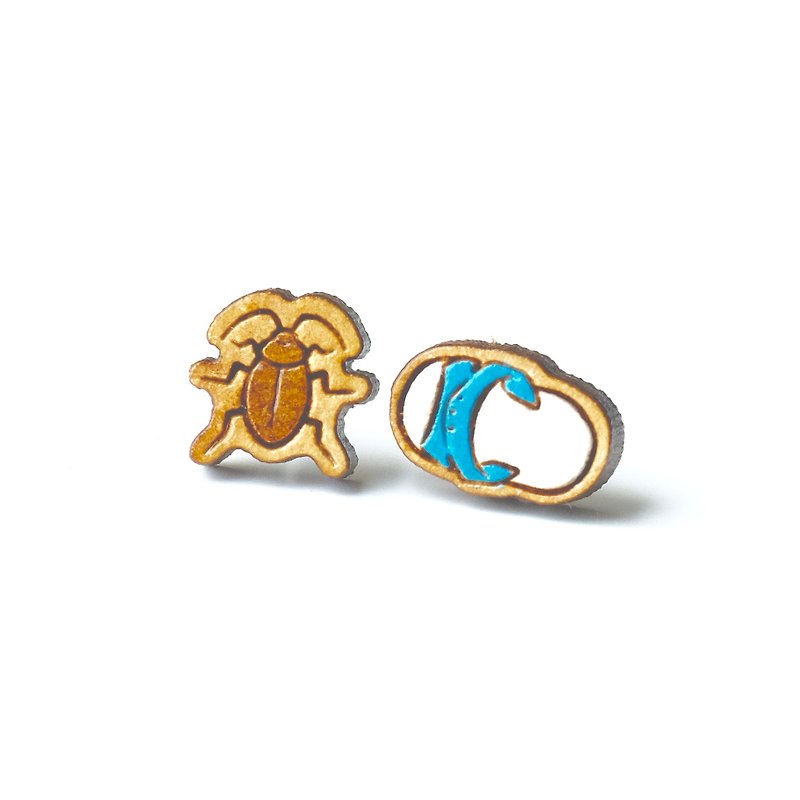 Painted wood earrings-Cockroach & Slippers (blue) - Earrings & Clip-ons - Wood Blue