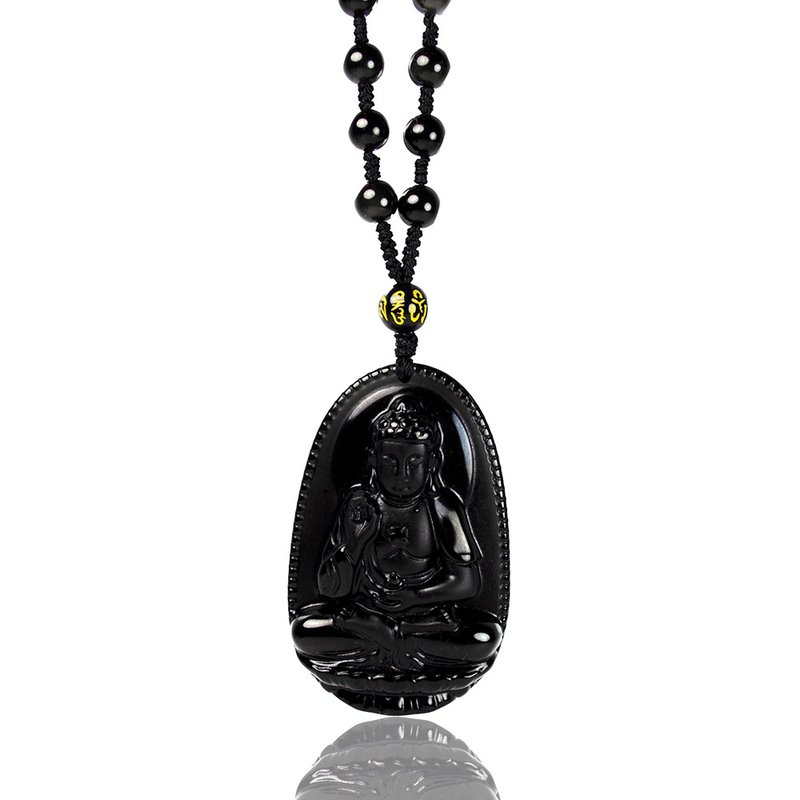 Black Obsidian Amitābha Dog Pig Zodiacs Guard Obsidian Bead Necklace - สร้อยคอ - เครื่องประดับพลอย สีดำ