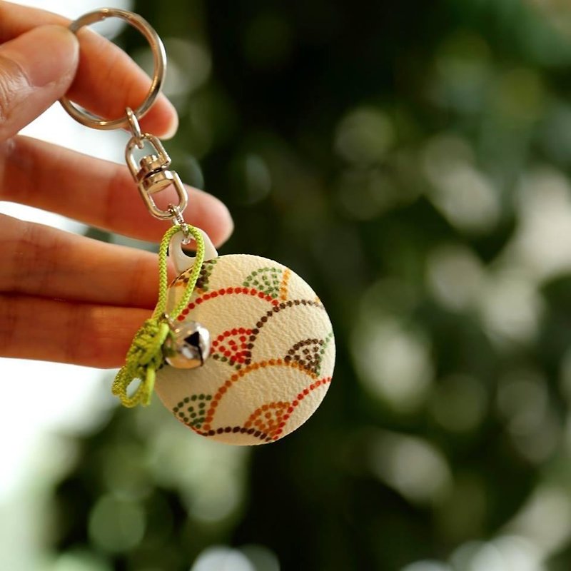 Soft colored fan letter Kimono Keychain with plum knot charm and bell - ที่ห้อยกุญแจ - ผ้าฝ้าย/ผ้าลินิน สีกากี