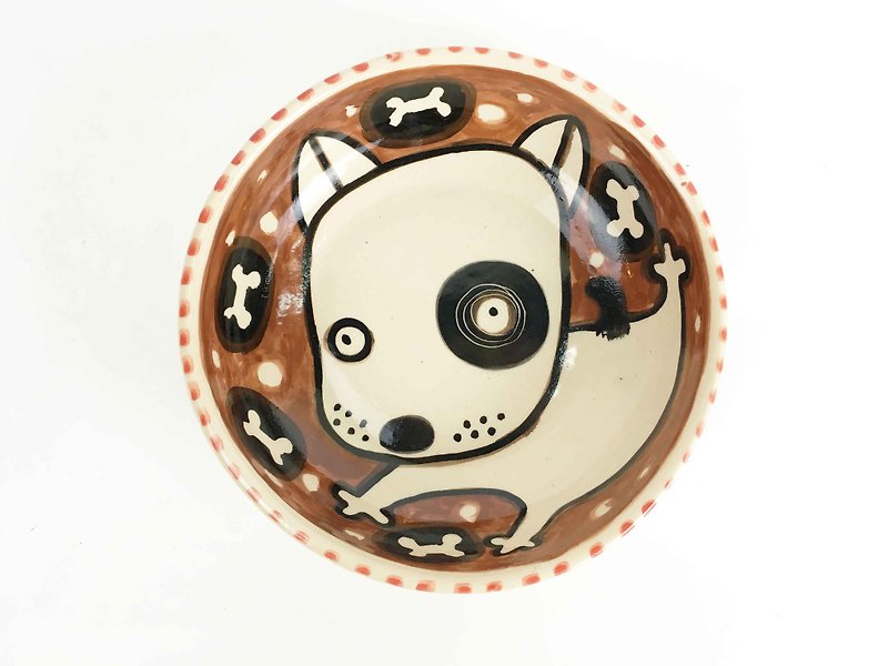 Nice Little Clay handmade shallow bowl happy black round dog 02011-08 - ถ้วยชาม - ดินเผา สีนำ้ตาล