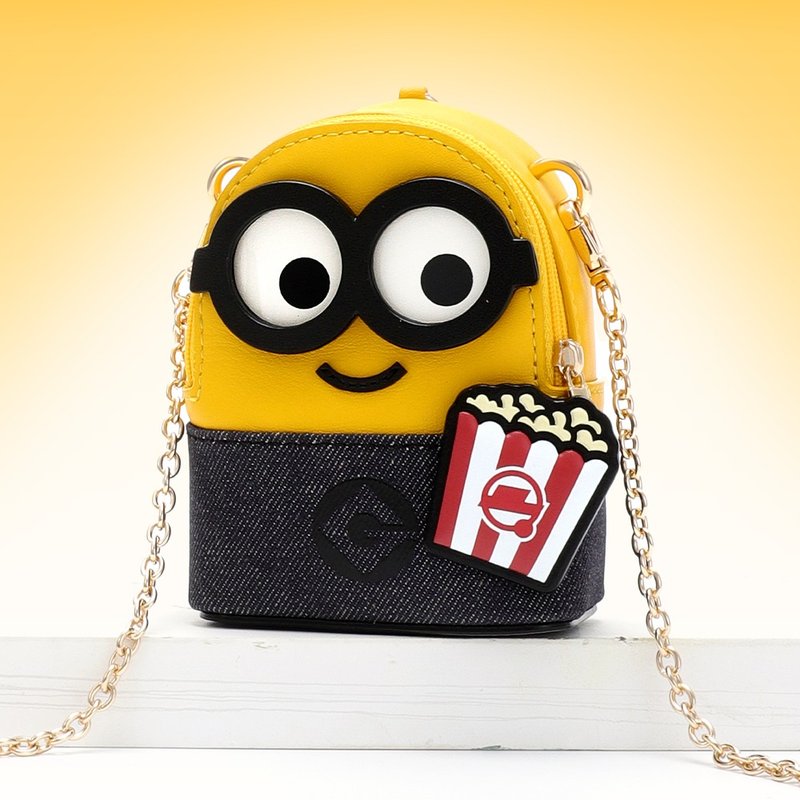 【滿額贈】Minions 爆谷牛仔布配牛皮迷你斜揹袋 斜背包 免運 - 側背包/斜背包 - 真皮 黃色