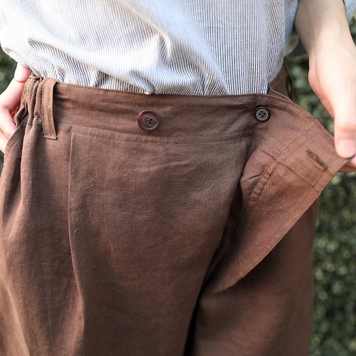 Candith Natural Linen Pants with asymmetric button detail - Chocolate Brown