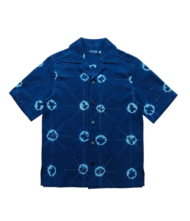 Shine Plant Indigo Tie-Dye Sashiko Embroidery Cuban Collar Short Sleeve Shirt - Men's Shirts - Other Materials Blue