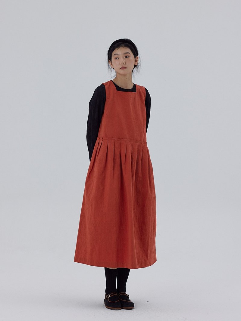 Autumn and winter washed Linen and linen orange square neck vest dress - ชุดเดรส - ผ้าฝ้าย/ผ้าลินิน 