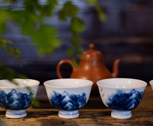 日本古美術】染付山水青花瓷杯6客仙月作天然薌沉香檀香茶器香