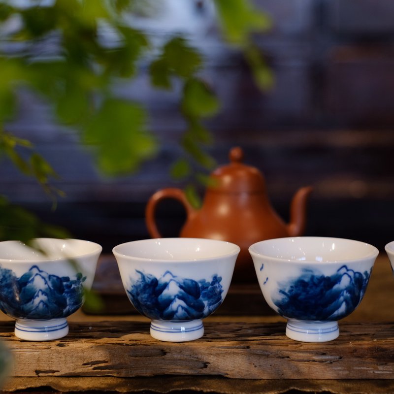 【日本古美術】染付山水 青花瓷杯 6客 仙月作 - 茶壺/茶杯/茶具 - 瓷 
