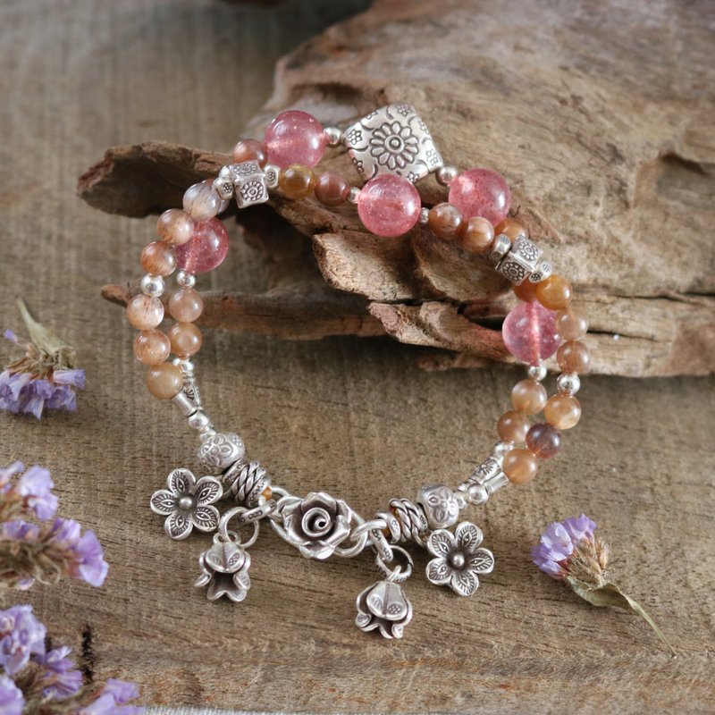 Strawberry Quartz Golden Moonstone Flower Bracelet with Karen Hill Tribe Silver - สร้อยข้อมือ - เงินแท้ สึชมพู