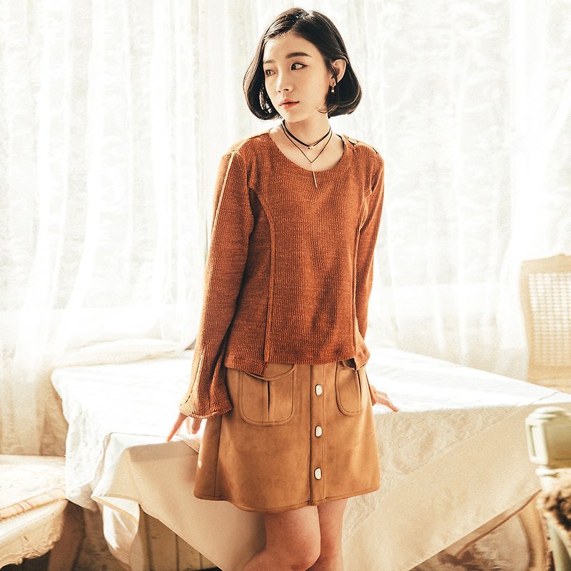 Annie Chen female models 2017 spring horn sleeve knit shirt - Women's Tops - Cotton & Hemp Orange
