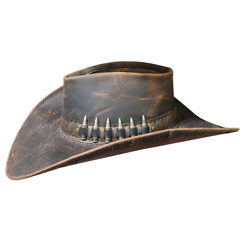 Ranch Cowboy Crazy Horse Leather Hat - หมวก - หนังแท้ สีนำ้ตาล