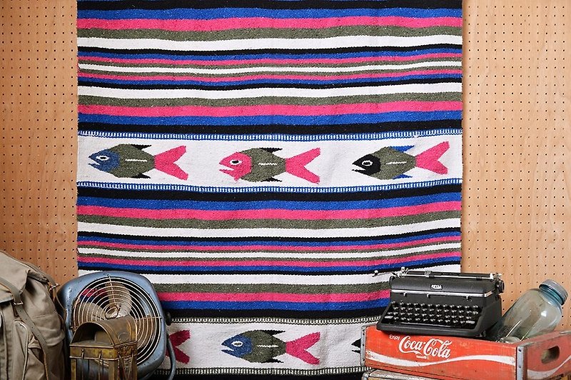 ヴィンテージメキシコ手織りカーペット - 色の魚のトーテム - 毛布・かけ布団 - コットン・麻 多色