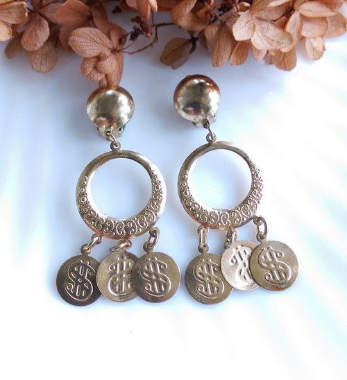 老時光角落 Vintage Jewelry 西洋古董飾品 錢幣符號 搖曳 垂墜 夾式耳環