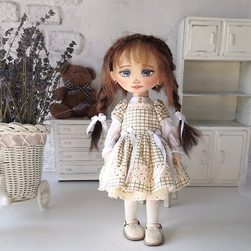 DollsBYirinaArt Handmade doll with brown hair 11 inch. An artistic doll. Rag doll. Fabric doll.