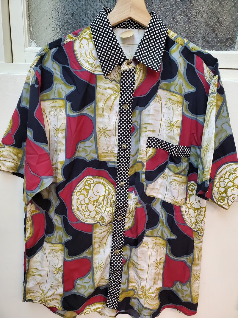 日本古著 絲質 波卡拼接花卉圖騰 短袖襯衫 L號 近全新 - 男襯衫/休閒襯衫 - 棉．麻 多色