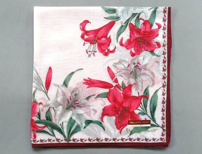 Philippe Venet Vintage Handkerchief Women Handkerchief Lily 17 x 16.5 inches - 手帕 - 棉．麻 紅色