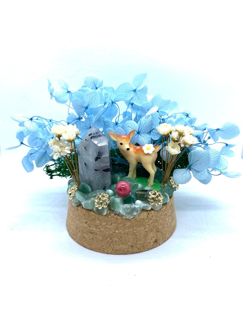 淡藍花園-小鹿與黑碧璽電氣石-手工玻璃罩公仔/水晶/乾燥花擺設 - 擺飾/家飾品 - 水晶 