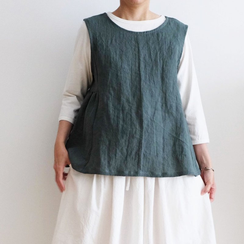 日常手作服  森林綠空氣感傘型背心罩衫 水洗亞麻 - 背心/無袖上衣 - 棉．麻 綠色