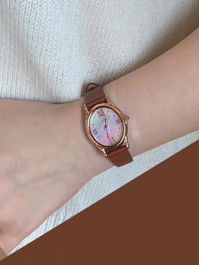 【Ven & Qu】寶石玫瑰金-蛋白石腕錶 – 23×27 mm 錶殼, 棕色皮 - 女錶 - 不鏽鋼 粉紅色