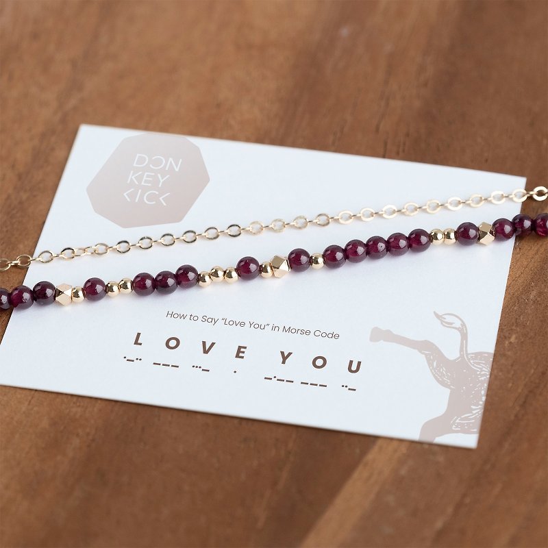 Purple red garnet genuine gemstones bracelet Love You Morse birthday January - Bracelets - Crystal Purple