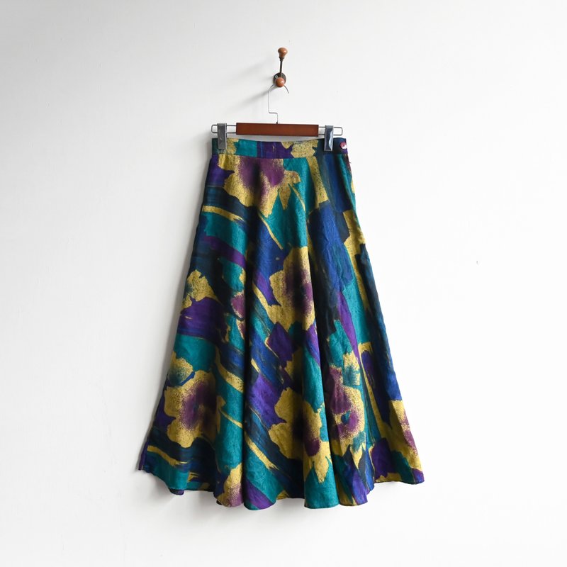 [Egg Plant Vintage] Colorful Green Shade Suede Print High Waist Vintage Circle Skirt - Skirts - Other Man-Made Fibers Green