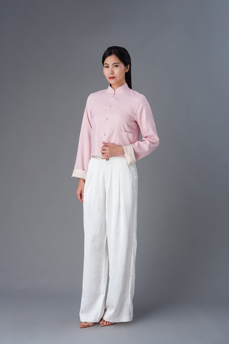 短款亞麻唐裝外套 (粉紅色/ 香檳色) |香港設計 - 女襯衫 - 棉．麻 粉紅色