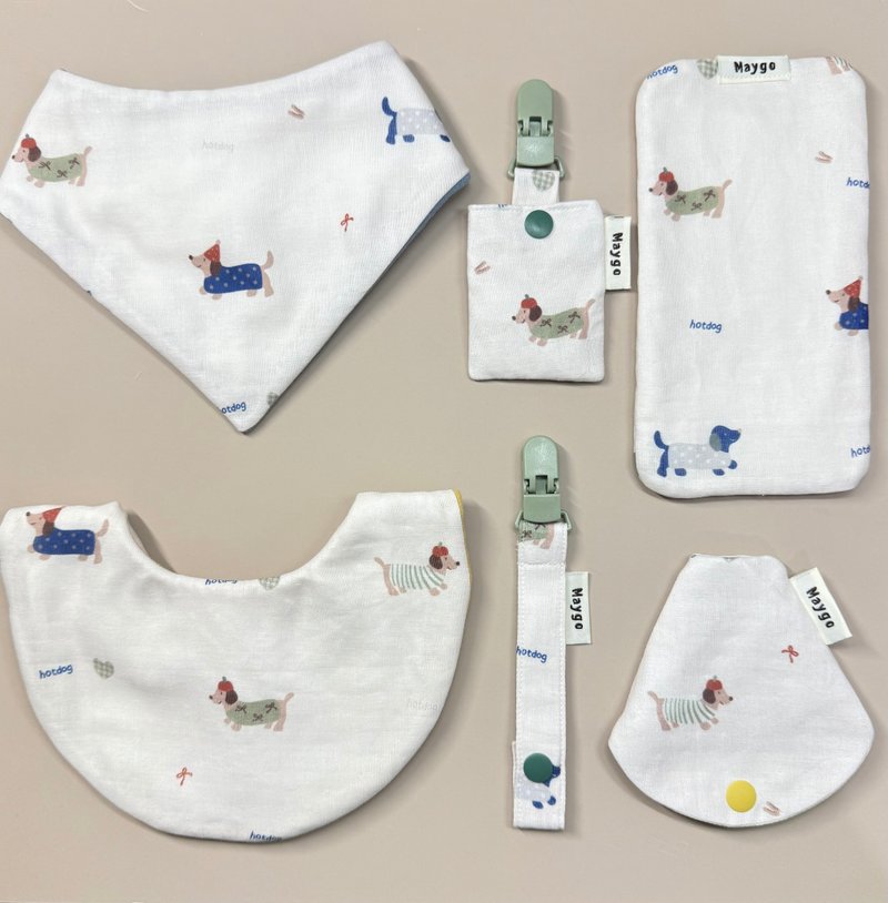 Maygo.bib。熱狗派對彌月禮盒、6件組、新生兒禮盒 - 彌月禮盒 - 棉．麻 白色