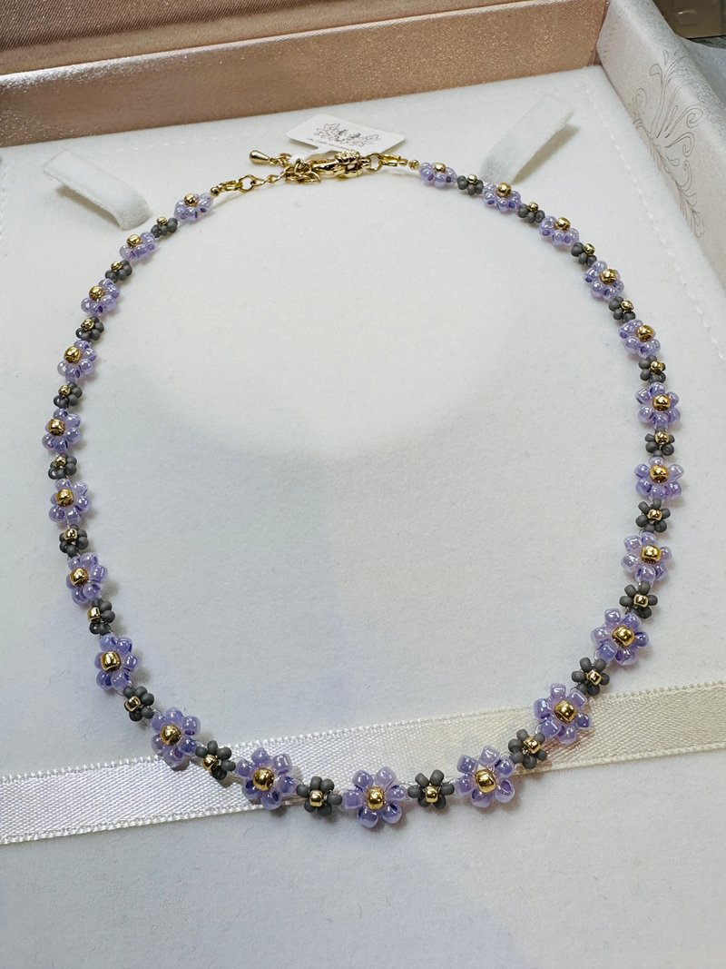 35+6cm 紫/灰色-花花頸鏈 JW49H/43PC-006 - 項鍊 - 玻璃 多色