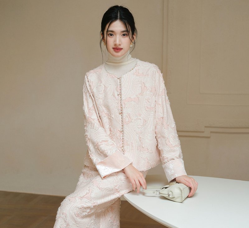 【慕斯粉】新中式復古中國風 貴氣千金感上衣/半裙 - 裙子/長裙 - 其他材質 白色