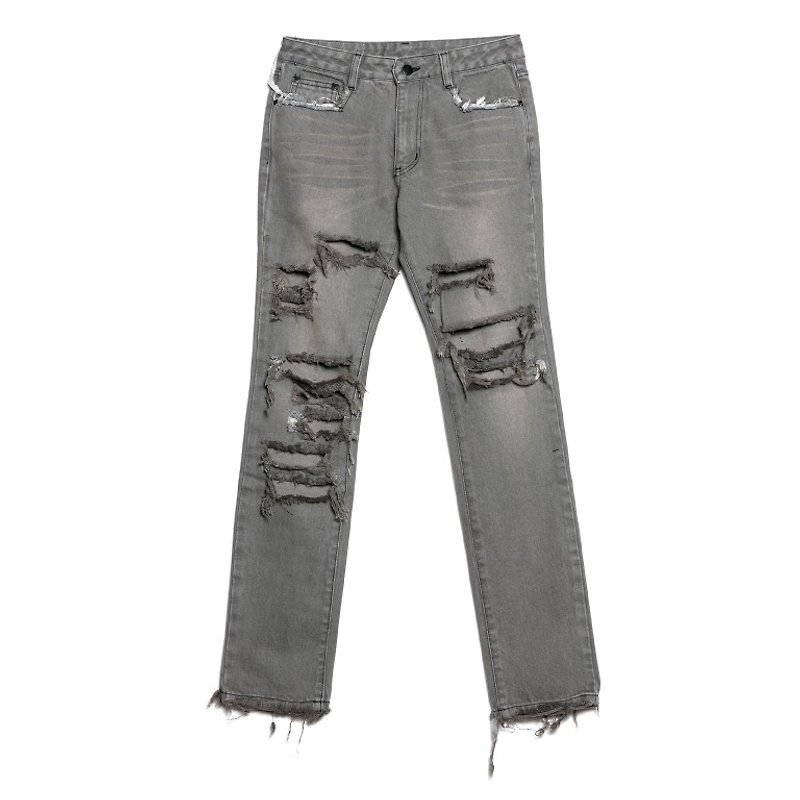 Damaged Denim-Grey - กางเกงขายาว - ผ้าฝ้าย/ผ้าลินิน สีเทา