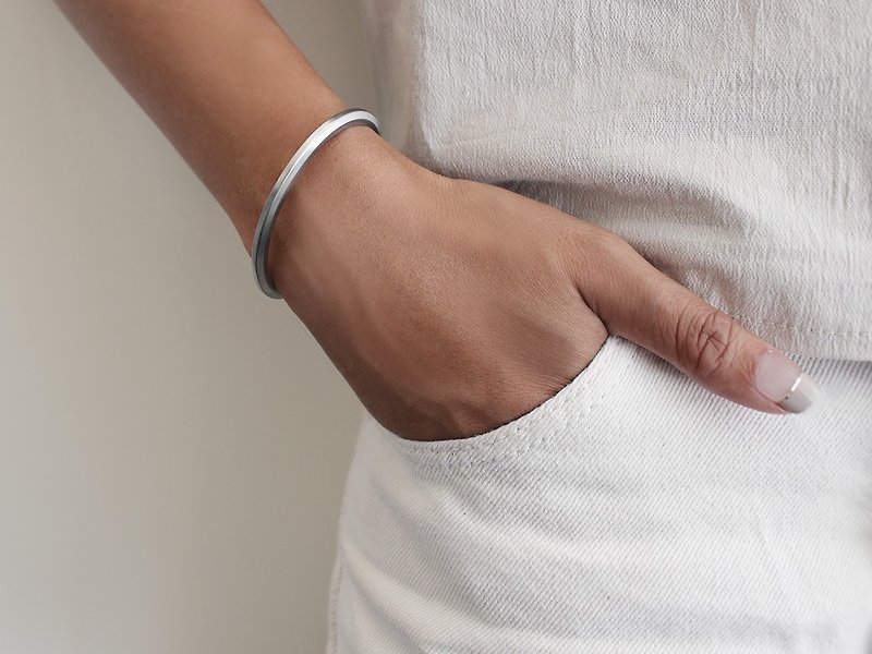 Thin Bevel Cuff Bracelet | Brushed Stainless Steel | Personalised Gift - Bracelets - Stainless Steel Silver