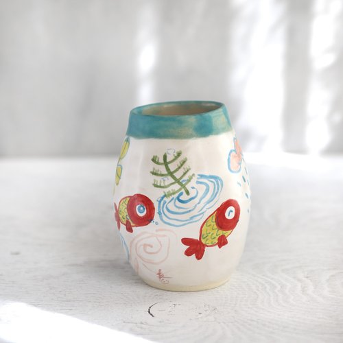 春信工房JAPAN 水草と赤い金魚絵の花器
