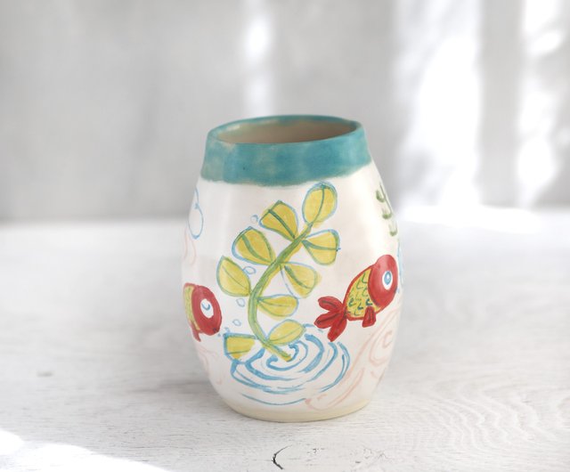 水草と赤い金魚絵の花器 - Shop harunobukohboh Pottery & Ceramics