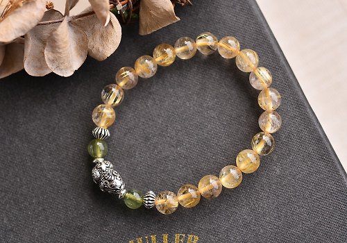 CaWaiiDaisy Handmade Jewelry 金髮晶+綠磷灰石純銀貔貅水晶手鍊