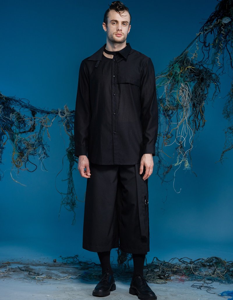 長袖襯衫/領口可變形/23AW-INF - 男襯衫/休閒襯衫 - 棉．麻 黑色