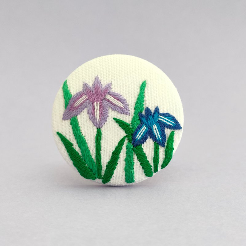 青と紫のあやめ花菖蒲の刺繍ブローチ - 胸針 - 棉．麻 紫色