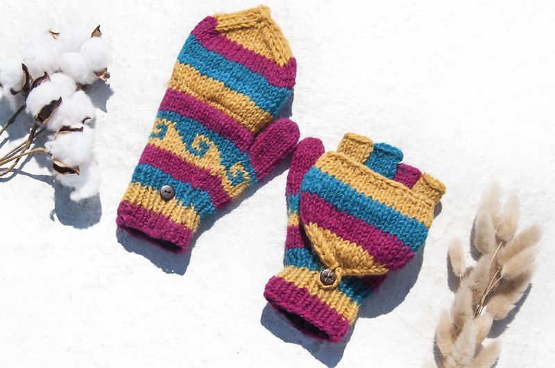 Hand-woven pure wool knit gloves / detachable gloves / inner bristled gloves / warm gloves - retro Spain - Gloves & Mittens - Wool Multicolor