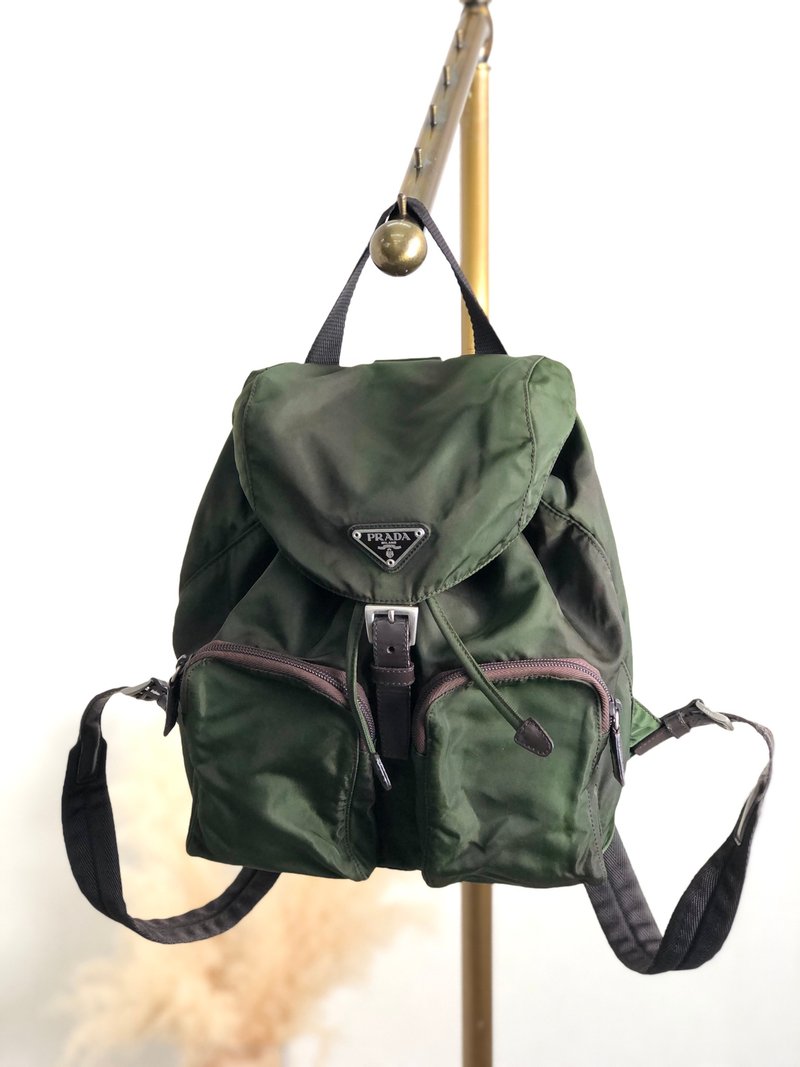 [Direct from Japan Brand Used Bag] PRADA Prada Backpack Khaki Triangle Logo Nylon Front Buckle Vintage Old 5czehy - Backpacks - Nylon Khaki