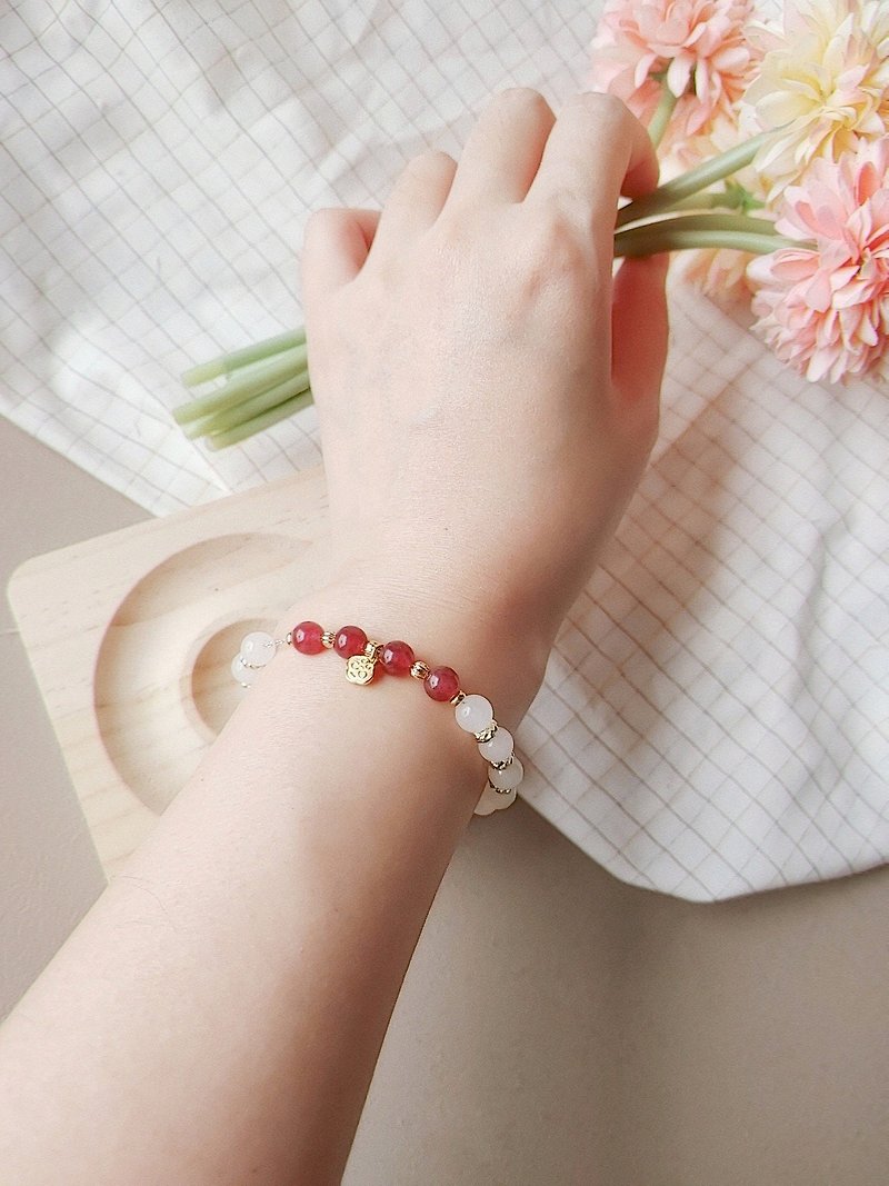 (Fast shipping) Heart Chakra/Crown Chakra_Natural Strawberry Crystal + Xinjiang Tianshan Jade 925 Silver Adjustable Bracelet - Bracelets - Gemstone Multicolor