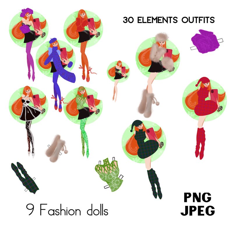 9 Fashion paper dolls, models.  Png, digital, electronic files - Illustration, Painting & Calligraphy - Other Materials 