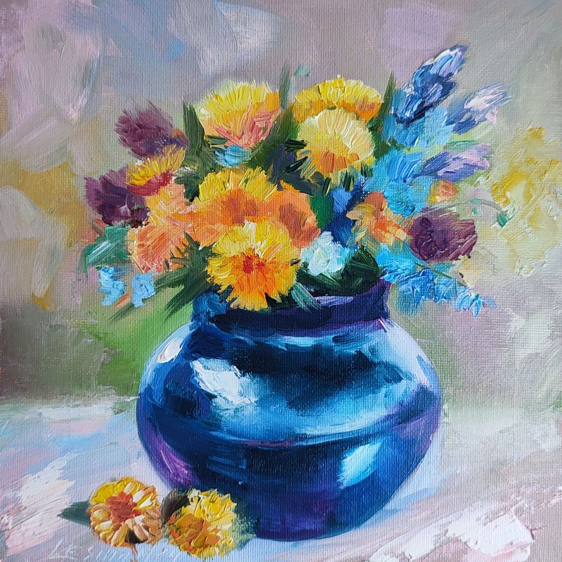 Wild Flowers Painting Flower Original Art Still life Oil Artwork Bouquet Flowers - ตกแต่งผนัง - วัสดุอื่นๆ สีน้ำเงิน