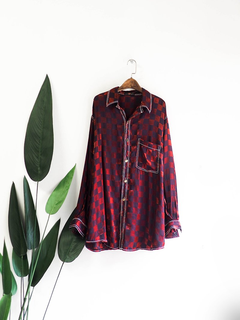 暗紫格紋閃閃亮紅搖滾派對 古董軟質襯衫罩衫上衣 shirt vintage - 女襯衫 - 聚酯纖維 紅色