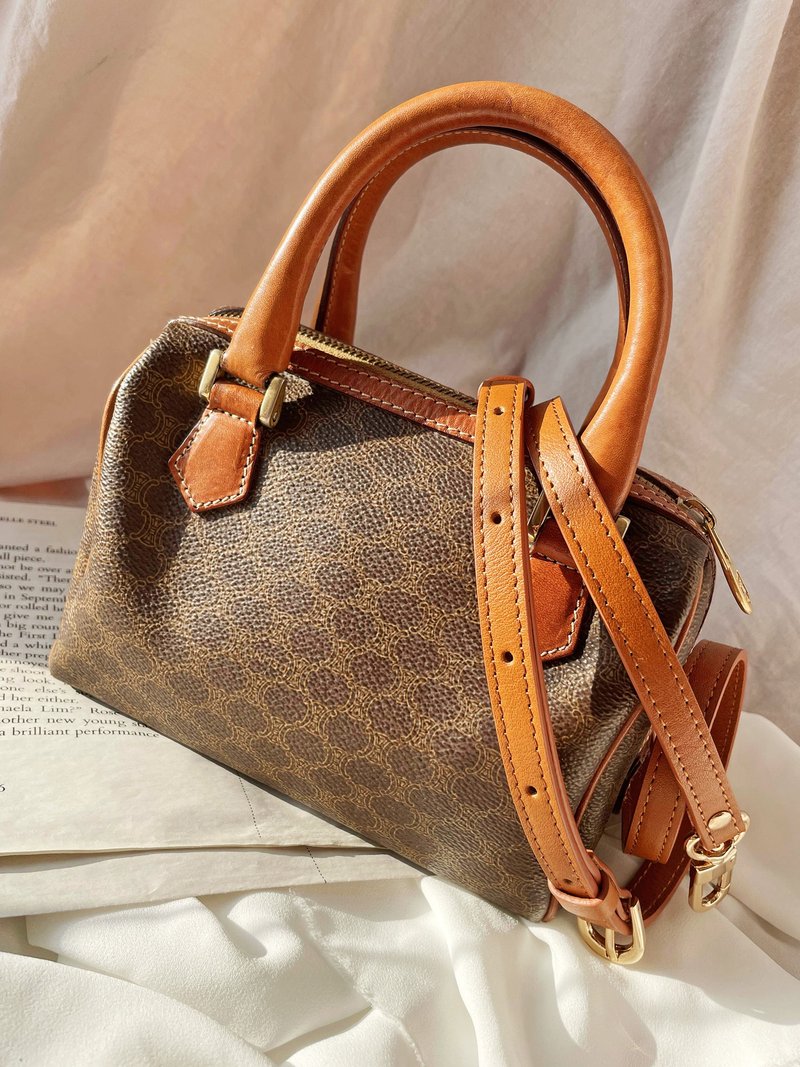 中古包 CELINE 棕啡老花 迷你波士頓包 單肩包斜揹包斜挎包手拿包 - 側背包/斜背包 - 防水材質 咖啡色