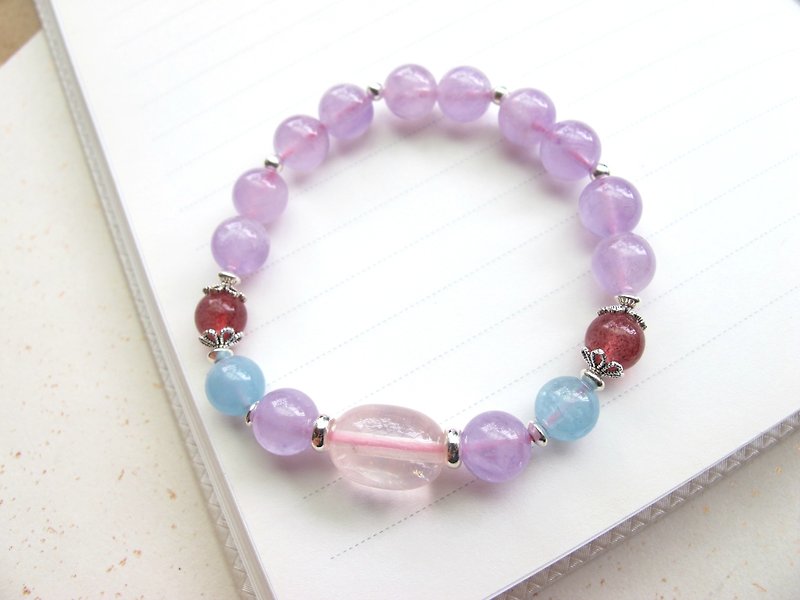 [Flower] Aquamarine x Strawberry Crystal x Crystal x Amethyst x 925 Silver - Handmade natural stone series - Bracelets - Gemstone Multicolor