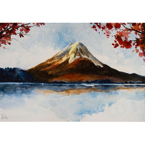 富士山 水彩画／風景画／インテリアアート 絵画(風景画) 日本 富士山 赤富士 インテリアアート額付き