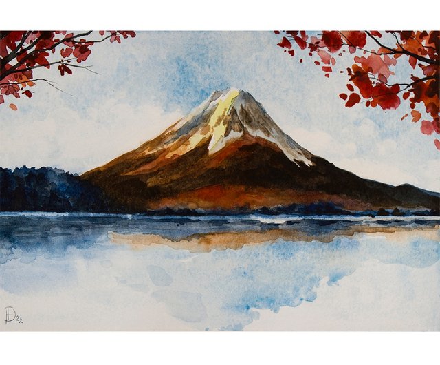 富士山絵画山オリジナルアート水彩風景手描き - ショップ Nadya Ya Art